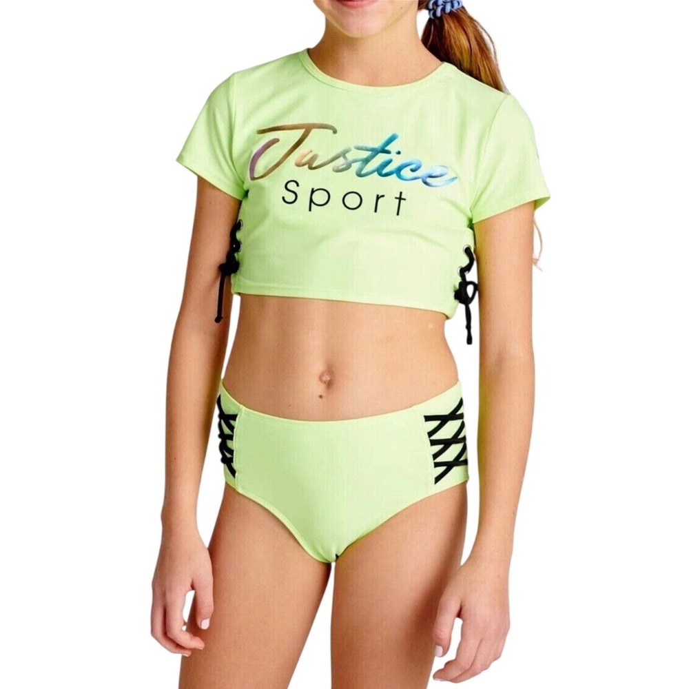 Justice Sport Girls Neon Lime Green Lace Up 2 Piece Swimsuit Set XL 16/18